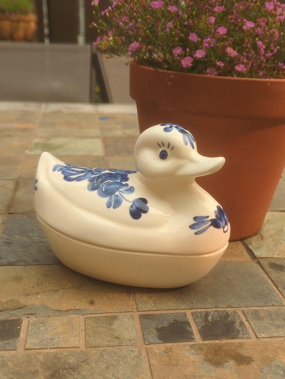 Ceramic Blue Floral Duck Trinket Box